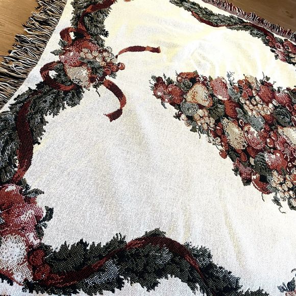 Vintage Christmas Tapestry Blanket Throw Afghan Topiary Tree Ribbon 47"x 66" - Picture 3 of 5